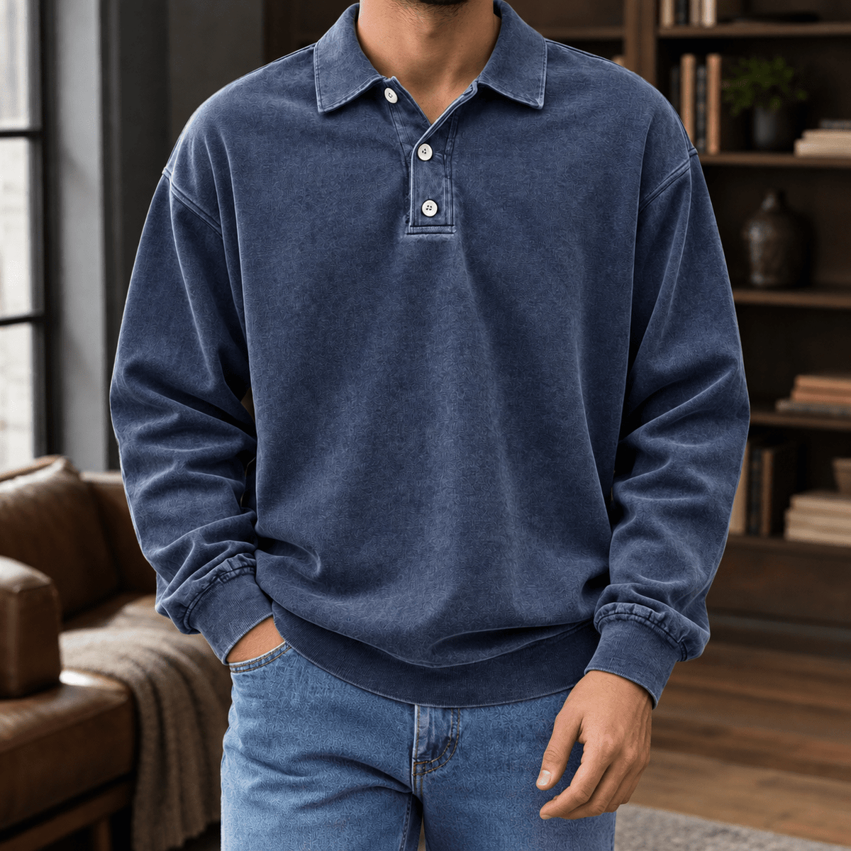 Men's Long Sleeve Knit Polo Shirt with Relaxed Fit - Mattia Cremasco