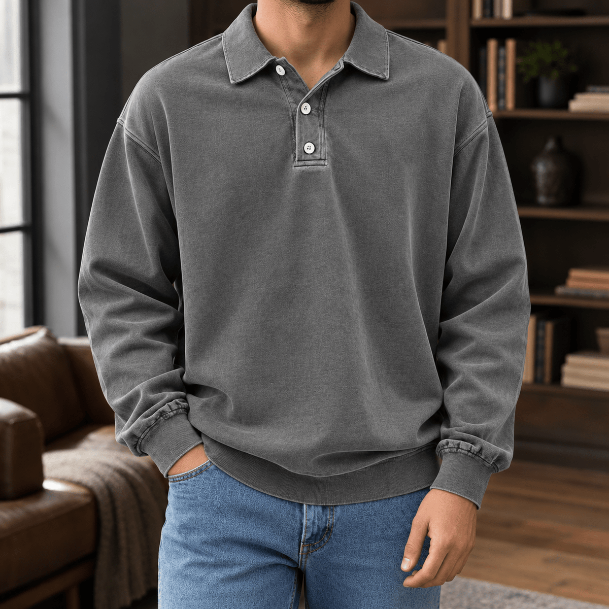 Men's Long Sleeve Knit Polo Shirt with Relaxed Fit - Mattia Cremasco