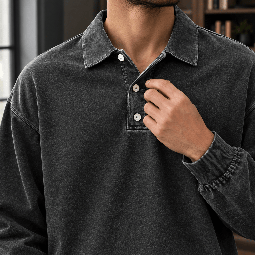 Men's Long Sleeve Knit Polo Shirt with Relaxed Fit - Mattia Cremasco