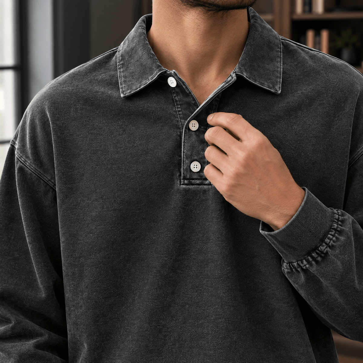 Men's Long Sleeve Knit Polo Shirt with Relaxed Fit - Mattia Cremasco