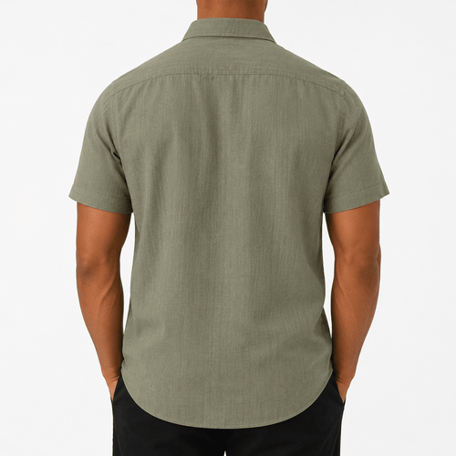 Men’s Olive Green Short-Sleeve Button-Up Shirt with Chest Pockets - MattiaCremasco