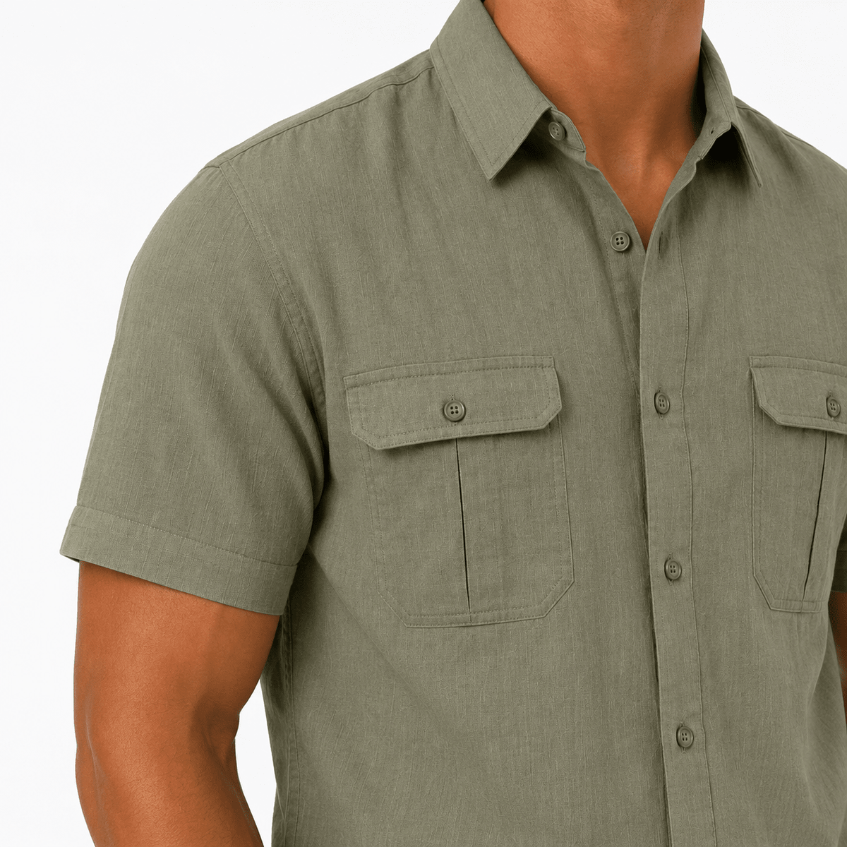 Men’s Olive Green Short-Sleeve Button-Up Shirt with Chest Pockets - MattiaCremasco