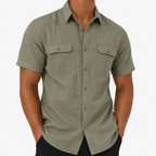 Men’s Olive Green Short-Sleeve Button-Up Shirt with Chest Pockets - MattiaCremasco