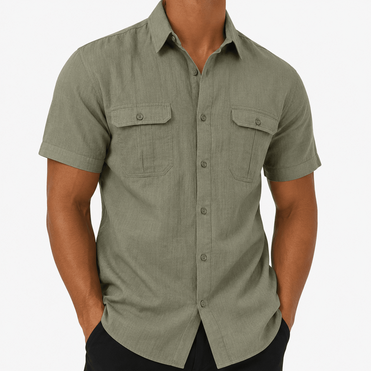 Men’s Olive Green Short-Sleeve Button-Up Shirt with Chest Pockets - MattiaCremasco