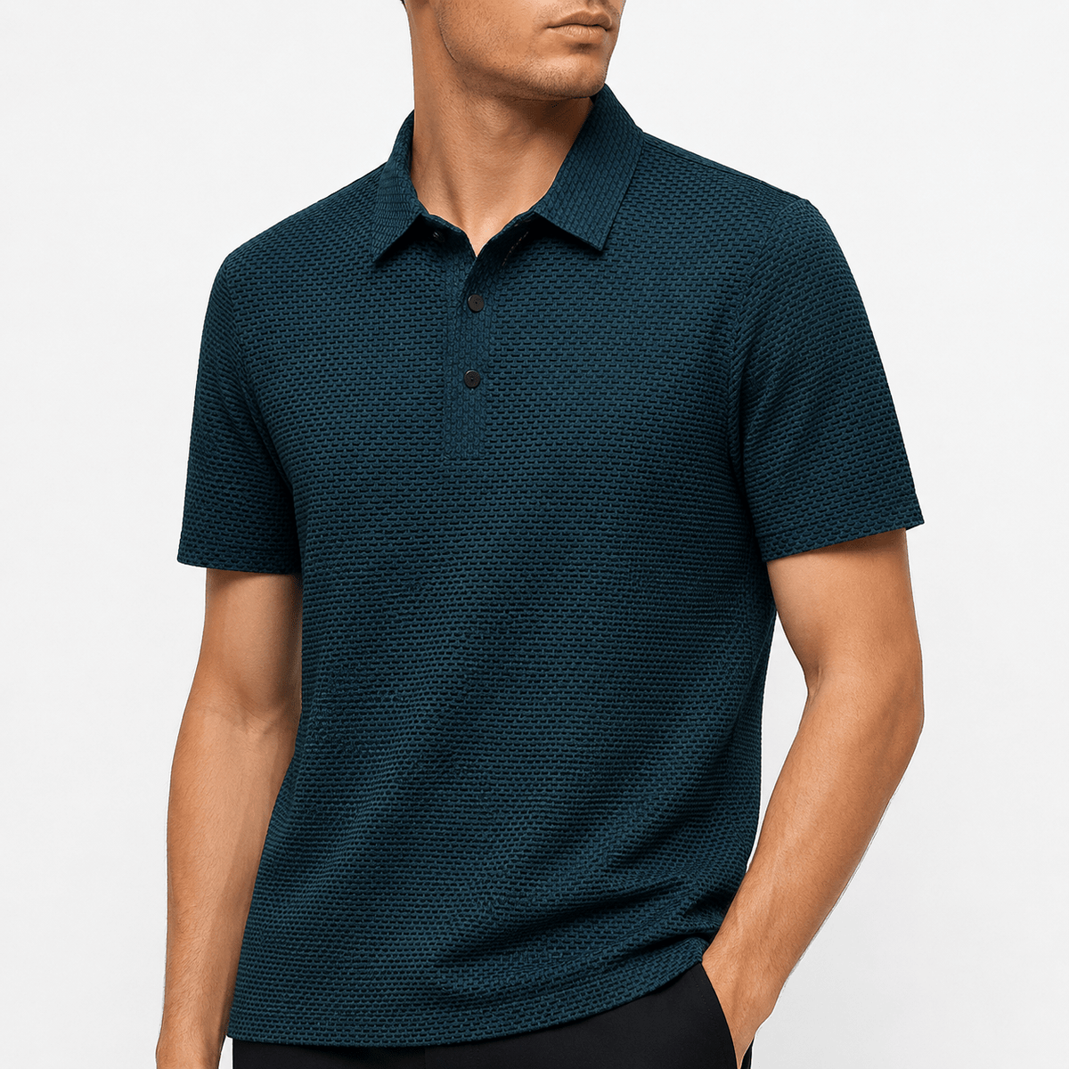 Men’s Textured Short-Sleeve Polo Shirt – Dark Petrol Blue - MattiaCremasco