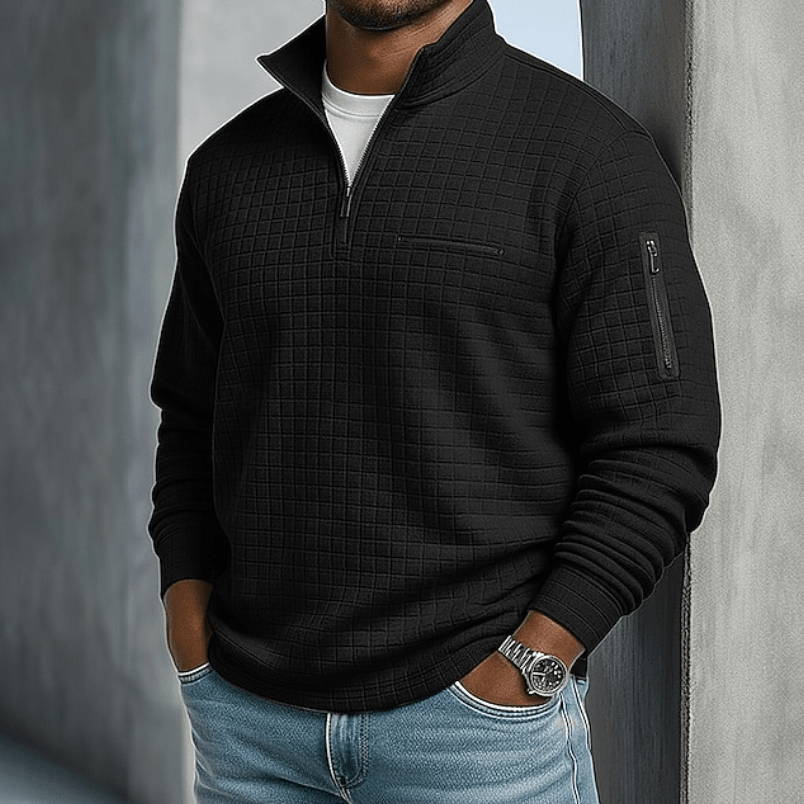 Men's Waffle Knit Quarter-Zip Shirt with Stand Collar - Mattia Cremasco