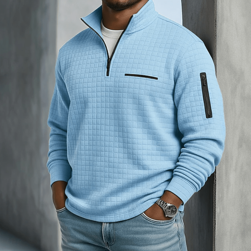 Men's Waffle Knit Quarter-Zip Shirt with Stand Collar - Mattia Cremasco