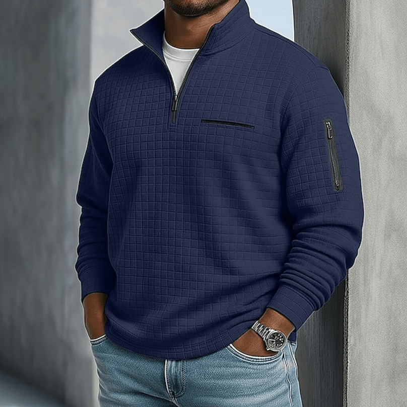 Men's Waffle Knit Quarter-Zip Shirt with Stand Collar - Mattia Cremasco