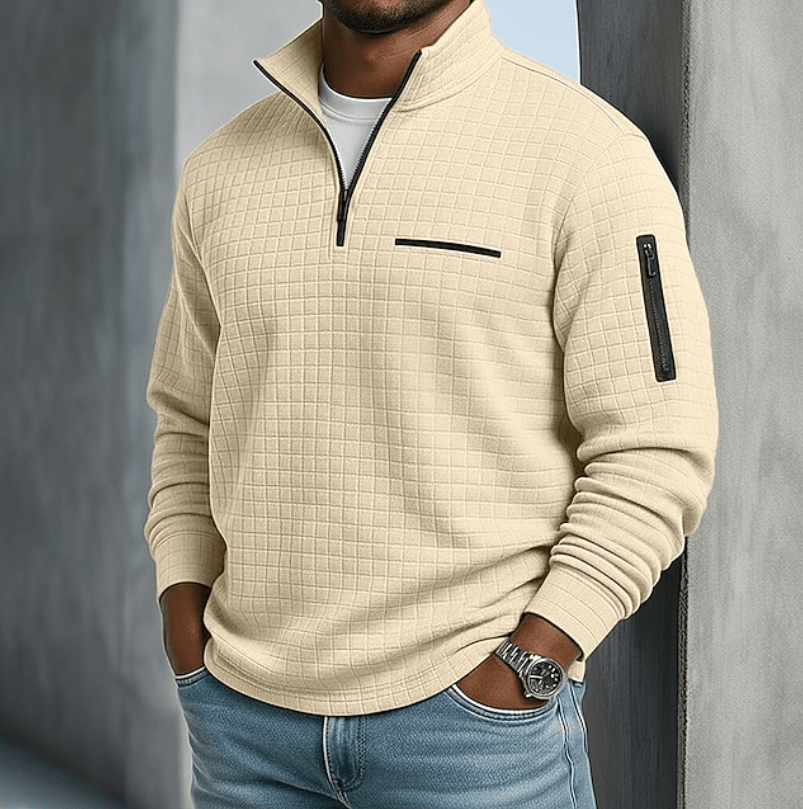 Men's Waffle Knit Quarter-Zip Shirt with Stand Collar - Mattia Cremasco
