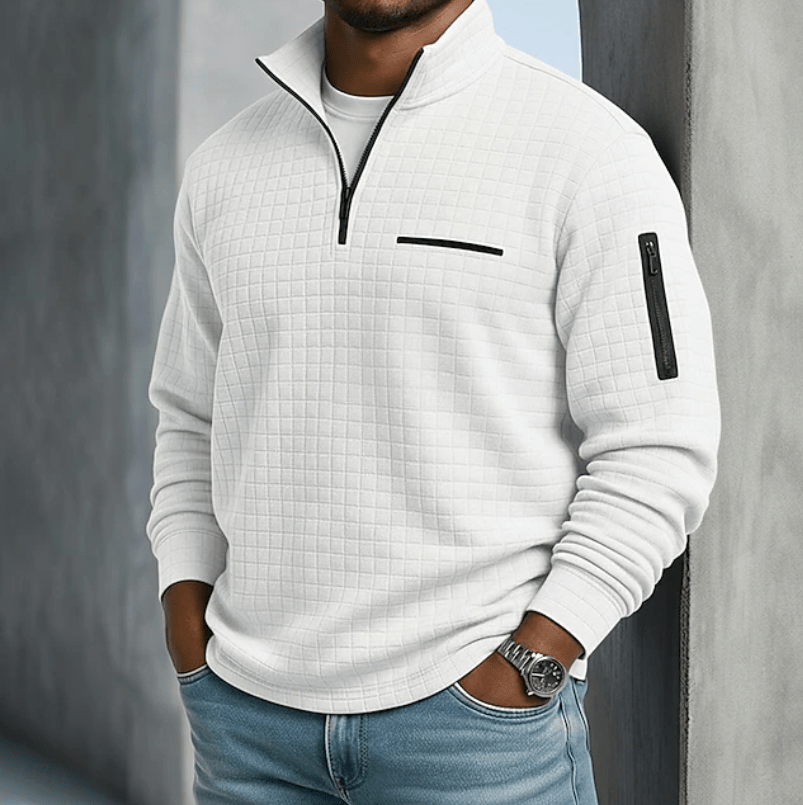 Men's Waffle Knit Quarter-Zip Shirt with Stand Collar - Mattia Cremasco