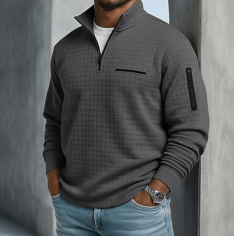 Men's Waffle Knit Quarter-Zip Shirt with Stand Collar - Mattia Cremasco