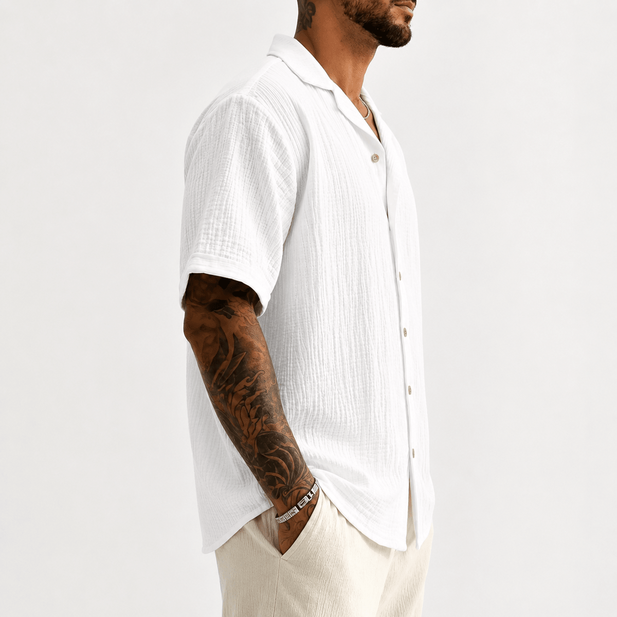 Men’s White Textured Short-Sleeve Button-Up Shirt - MattiaCremasco