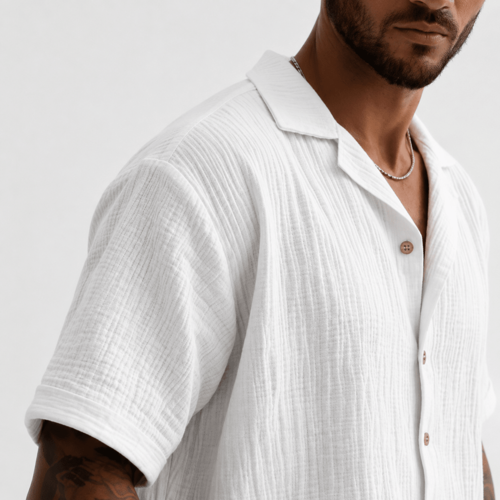 Men’s White Textured Short-Sleeve Button-Up Shirt - MattiaCremasco