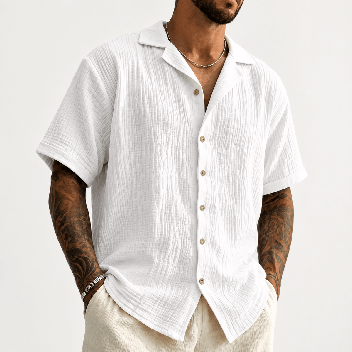 Men’s White Textured Short-Sleeve Button-Up Shirt - MattiaCremasco