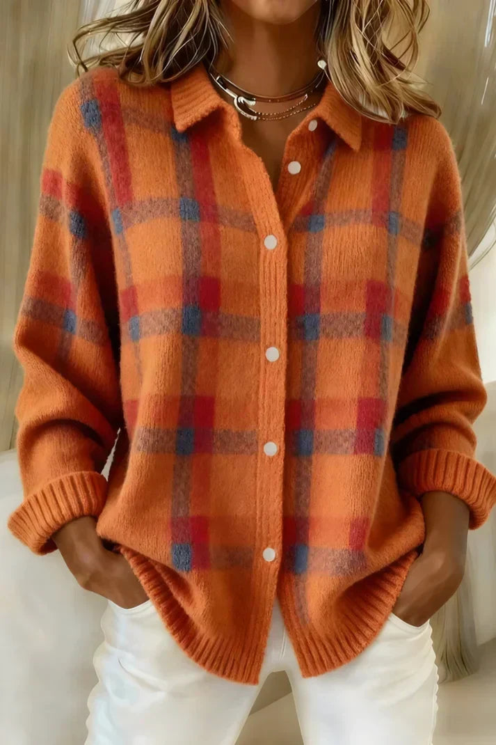 Women's Checked Knit Button-Front Blouse