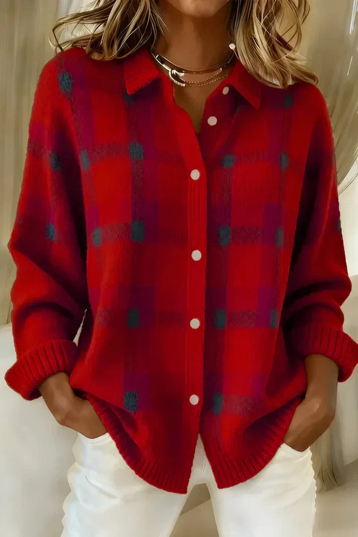 Women's Checked Knit Button-Front Blouse