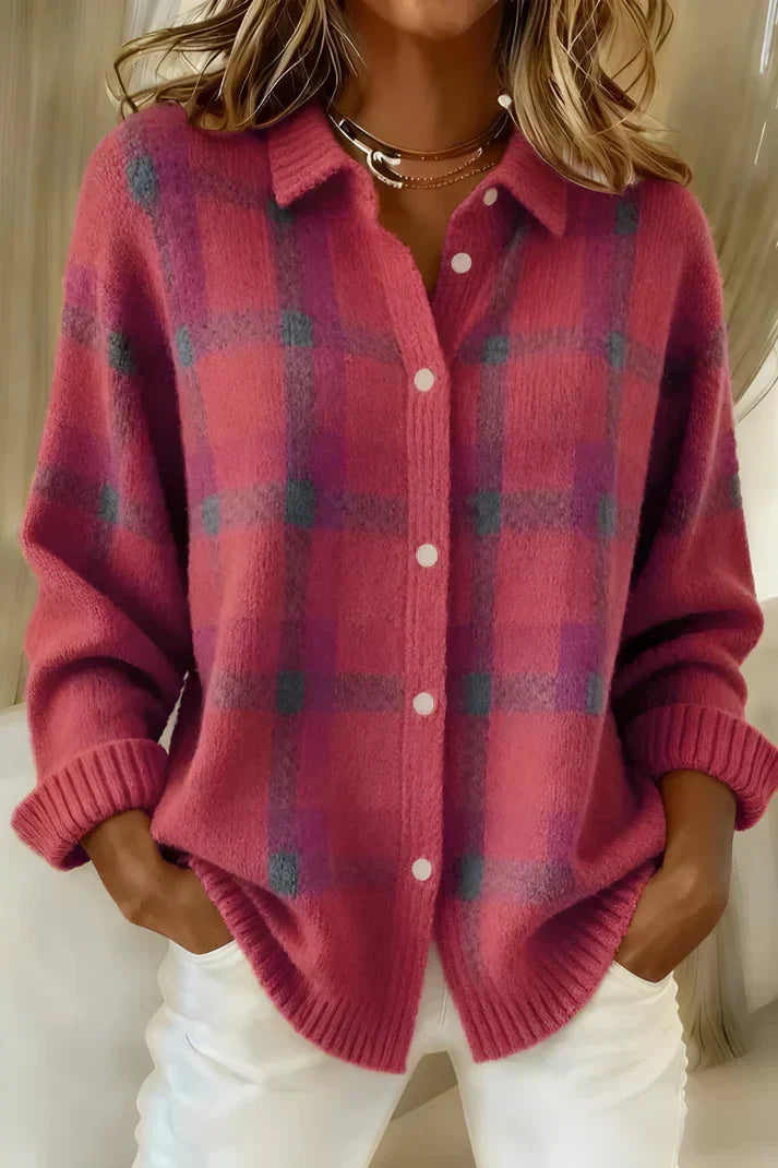 Women's Checked Knit Button-Front Blouse