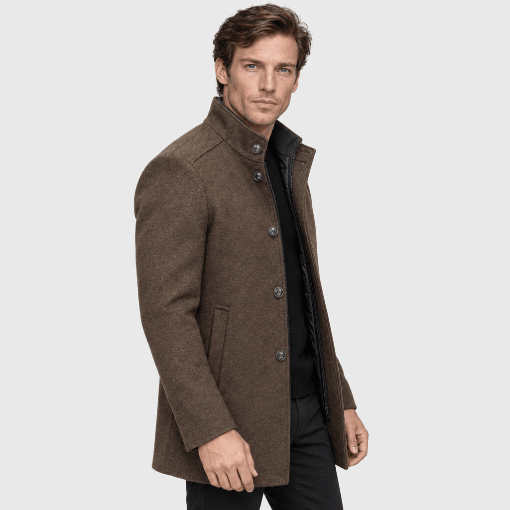 Sentinel – Minimalist Stand-Collar Wool Overcoat (Brown) - MattiaCremasco