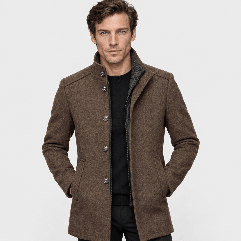 Sentinel – Minimalist Stand-Collar Wool Overcoat (Brown) - MattiaCremasco