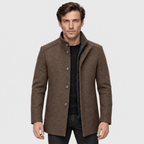Sentinel – Minimalist Stand-Collar Wool Overcoat (Brown) - MattiaCremasco