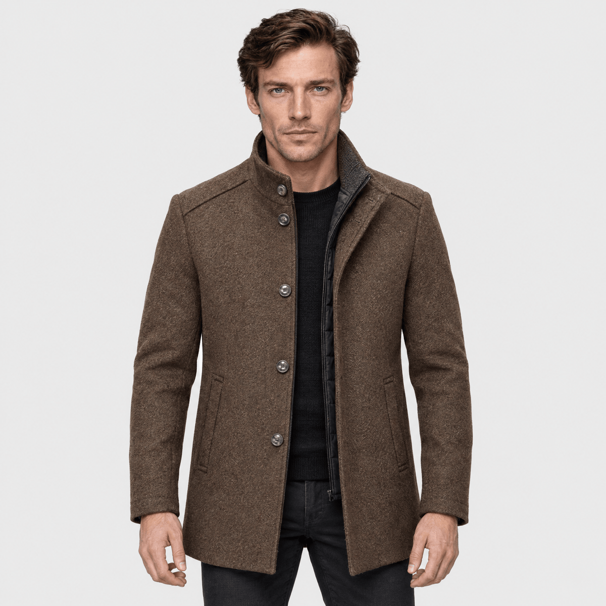 Sentinel – Minimalist Stand-Collar Wool Overcoat (Brown) - MattiaCremasco