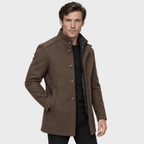 Sentinel – Minimalist Stand-Collar Wool Overcoat (Brown) - MattiaCremasco