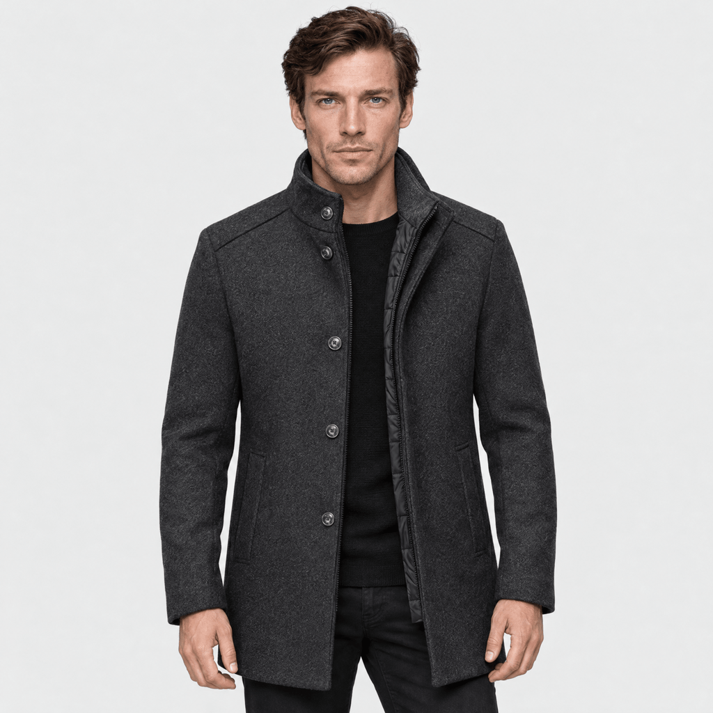 Sentinel – Minimalist Stand-Collar Wool Overcoat (Dark Grey) - MattiaCremasco
