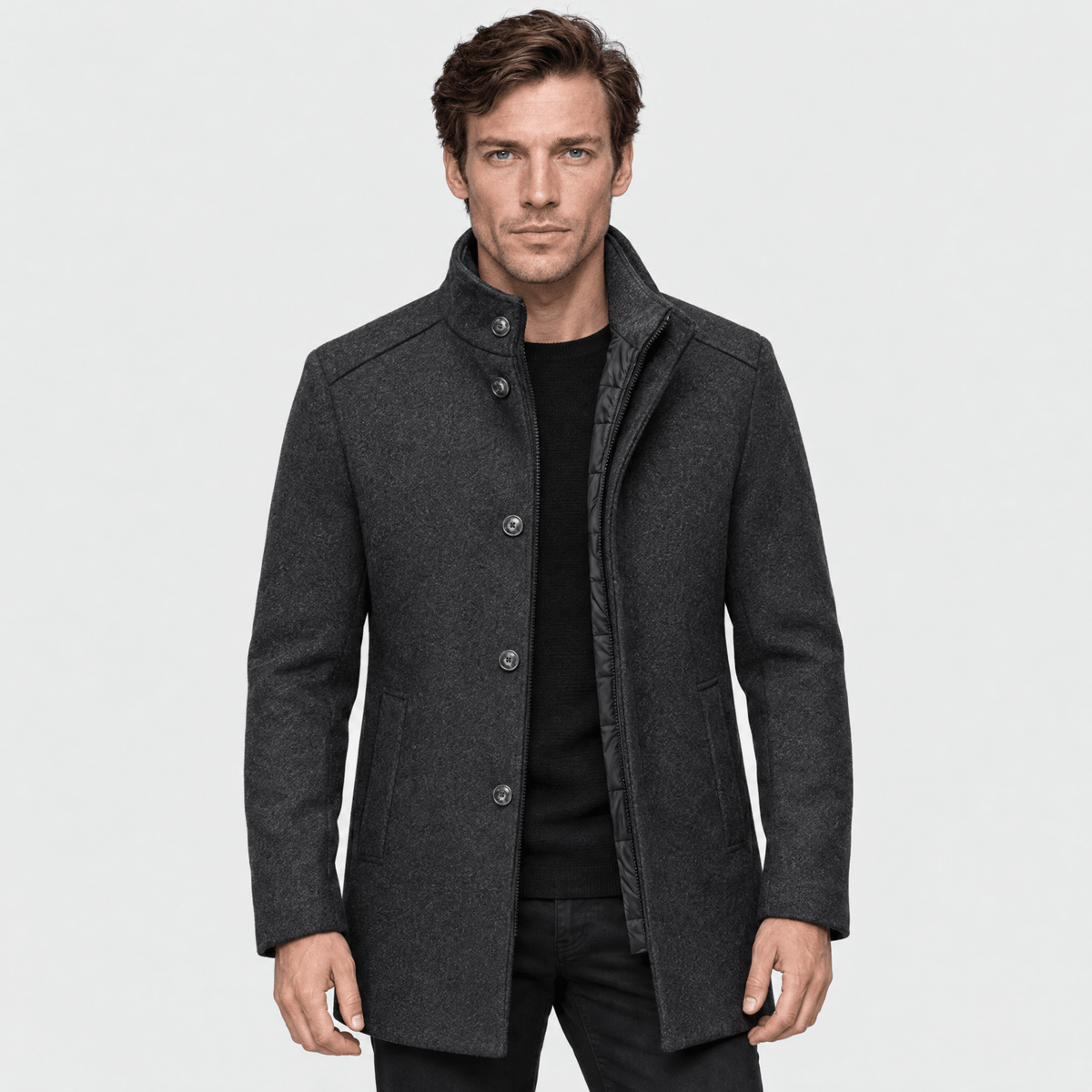 Sentinel – Minimalist Stand-Collar Wool Overcoat (Dark Grey) - MattiaCremasco