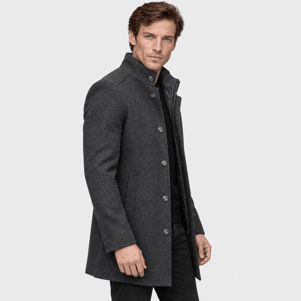 Sentinel – Minimalist Stand-Collar Wool Overcoat (Dark Grey) - MattiaCremasco