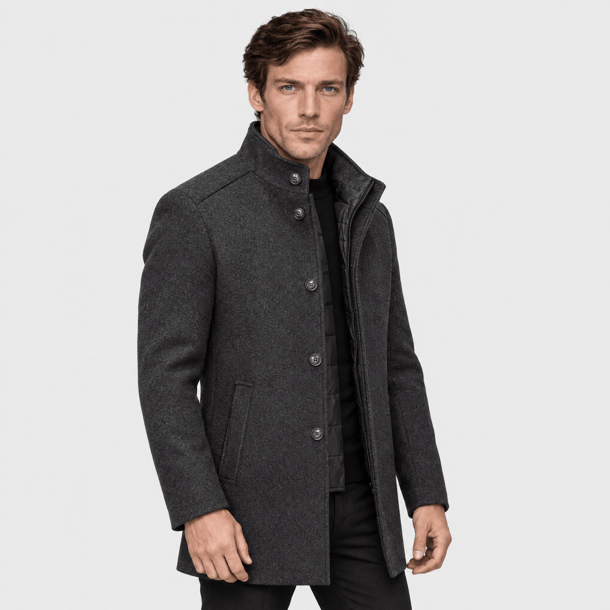 Sentinel – Minimalist Stand-Collar Wool Overcoat (Dark Grey) - MattiaCremasco