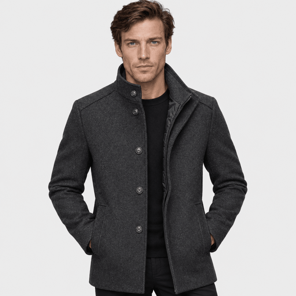 Sentinel – Minimalist Stand-Collar Wool Overcoat (Dark Grey) - MattiaCremasco