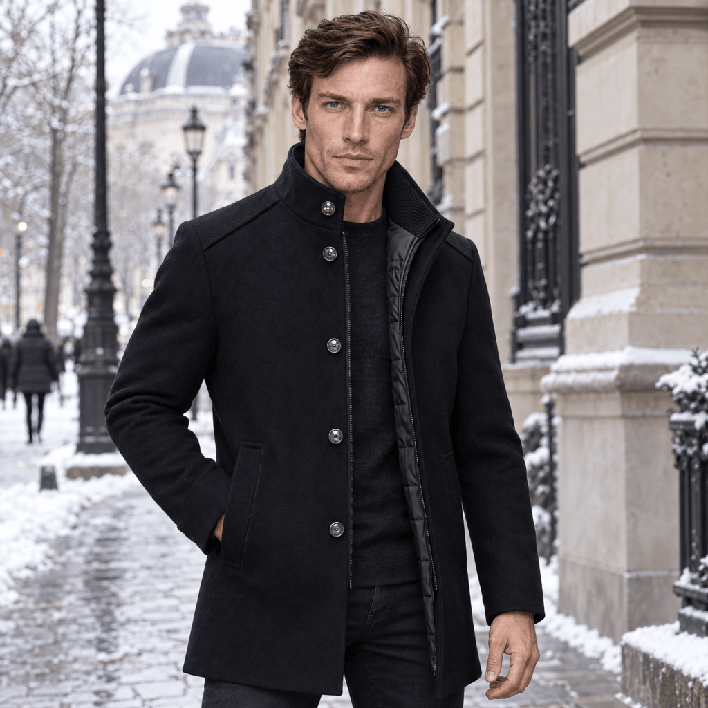 Sentinel – Minimalist Stand-Collar Wool Overcoat (Dark Navy) - MattiaCremasco
