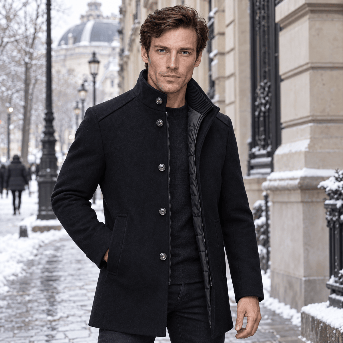 Sentinel – Minimalist Stand-Collar Wool Overcoat (Dark Navy) - MattiaCremasco