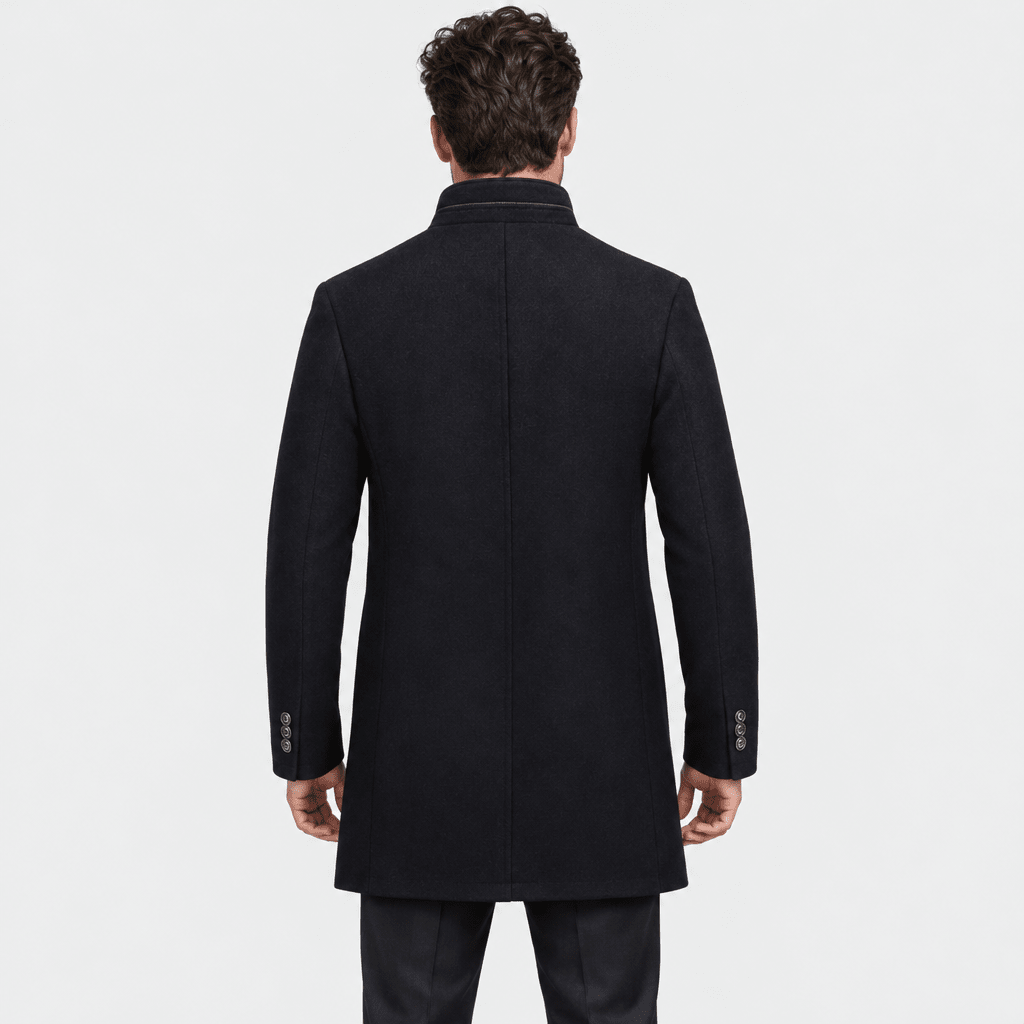Sentinel – Minimalist Stand-Collar Wool Overcoat (Dark Navy) - MattiaCremasco