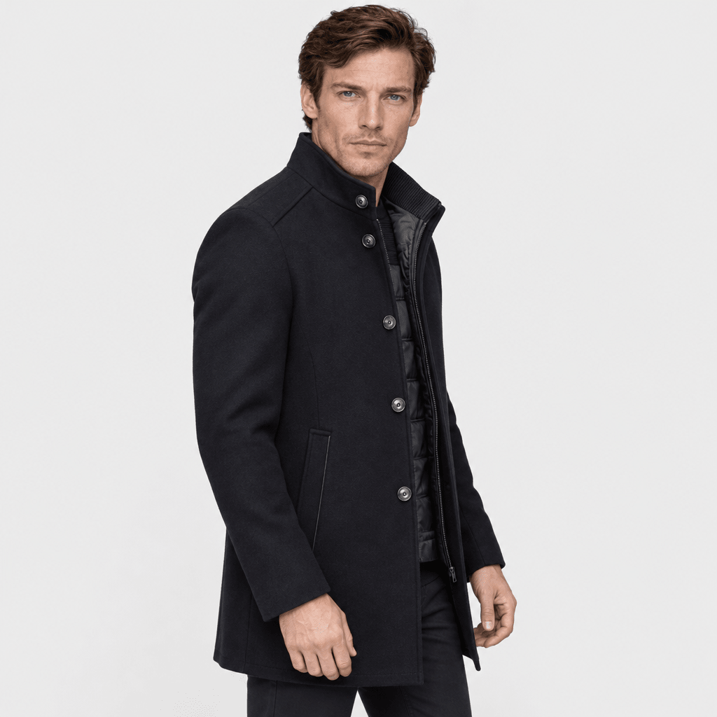 Sentinel – Minimalist Stand-Collar Wool Overcoat (Dark Navy) - MattiaCremasco