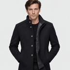 Sentinel – Minimalist Stand-Collar Wool Overcoat (Dark Navy) - MattiaCremasco
