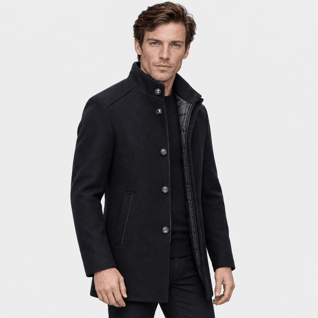 Sentinel – Minimalist Stand-Collar Wool Overcoat (Dark Navy) - MattiaCremasco
