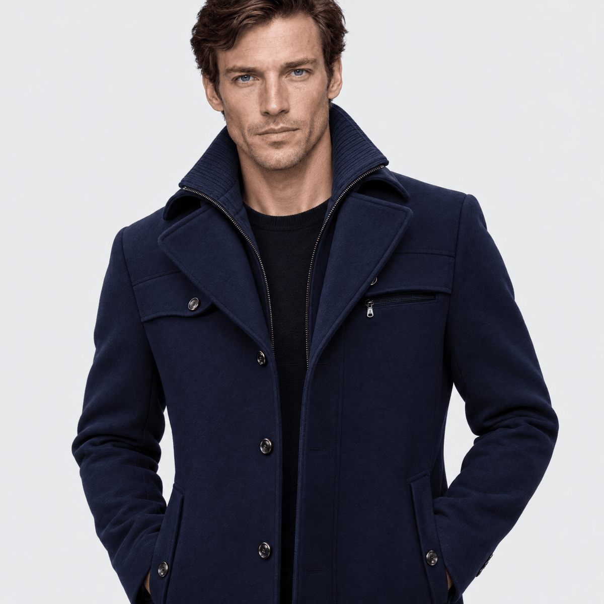 Sovereign – Tailored Dual-Collar Wool Overcoat (Navy Blue) - MattiaCremasco