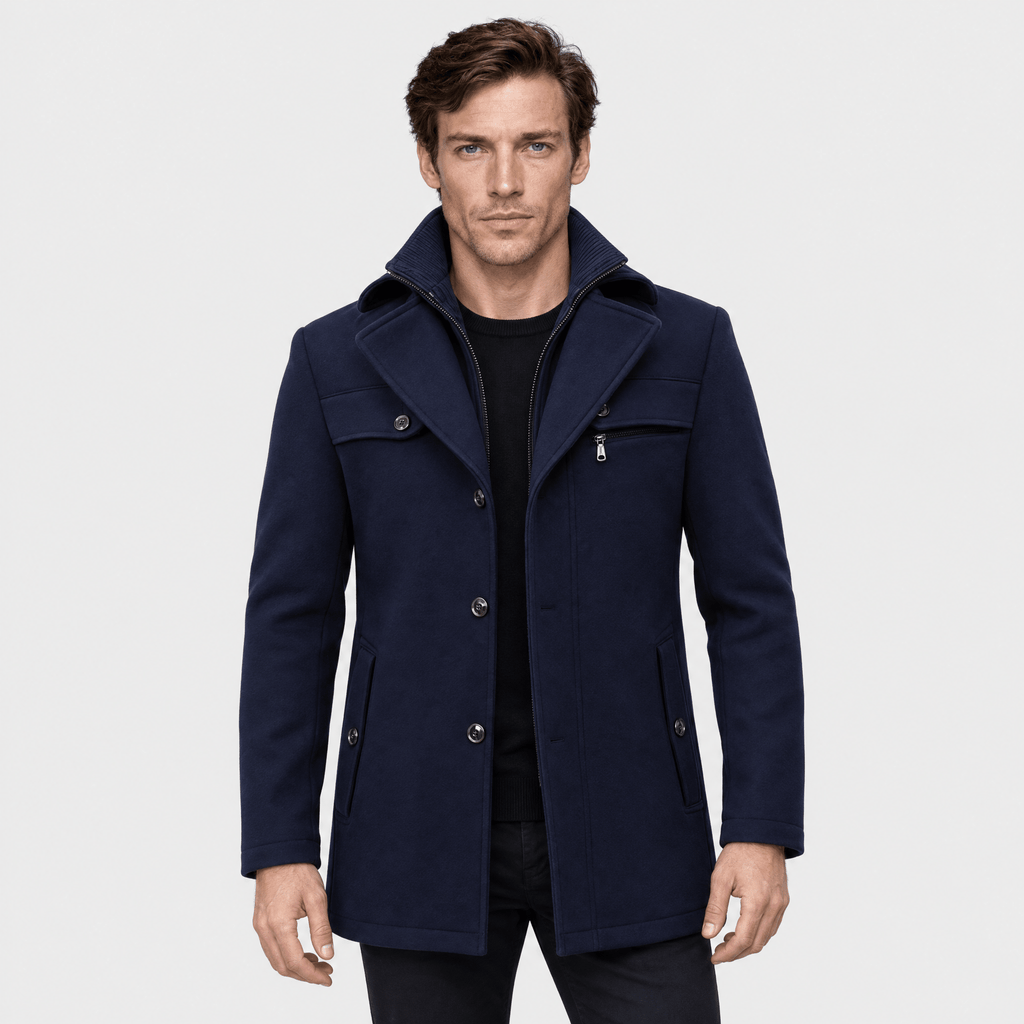 Sovereign – Tailored Dual-Collar Wool Overcoat (Navy Blue) - MattiaCremasco