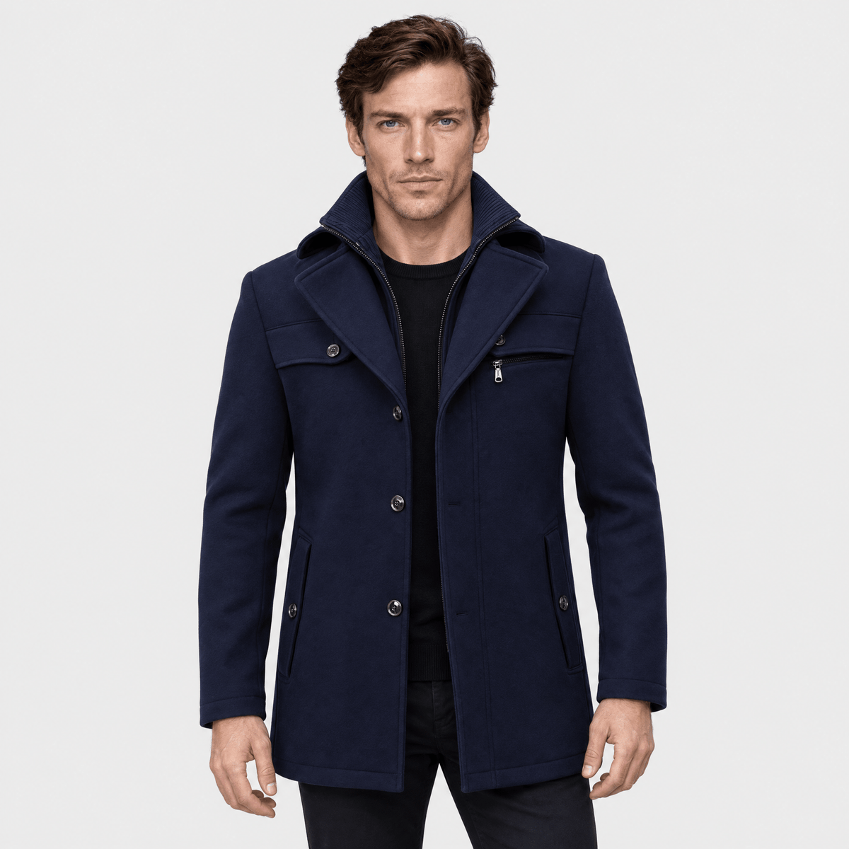 Sovereign – Tailored Dual-Collar Wool Overcoat (Navy Blue) - MattiaCremasco
