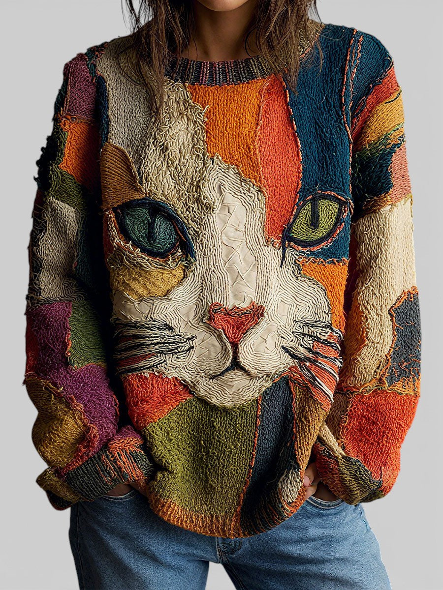 Women's Cat Graphic Crew Neck Knit Sweater