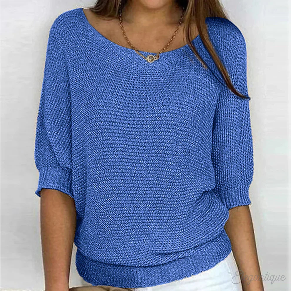 Women's Relaxed Knit Top with Elbow-Length Sleeves