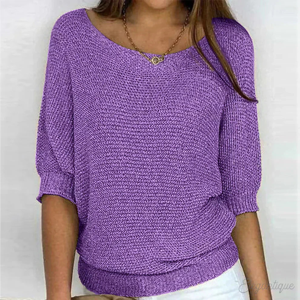 Women's Relaxed Knit Top with Elbow-Length Sleeves