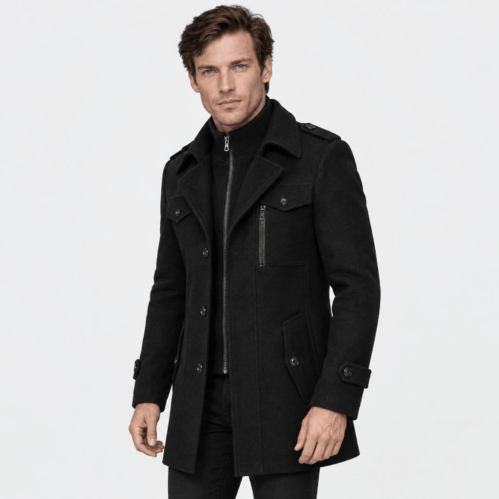 Vanguard – Tailored Dual-Collar Wool Overcoat (Black) - MattiaCremasco