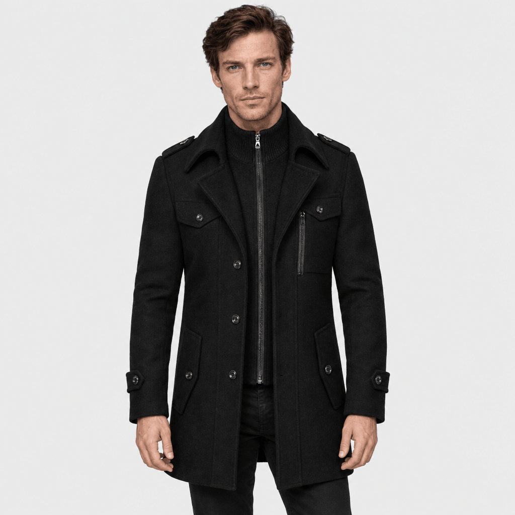 Vanguard – Tailored Dual-Collar Wool Overcoat (Black) - MattiaCremasco