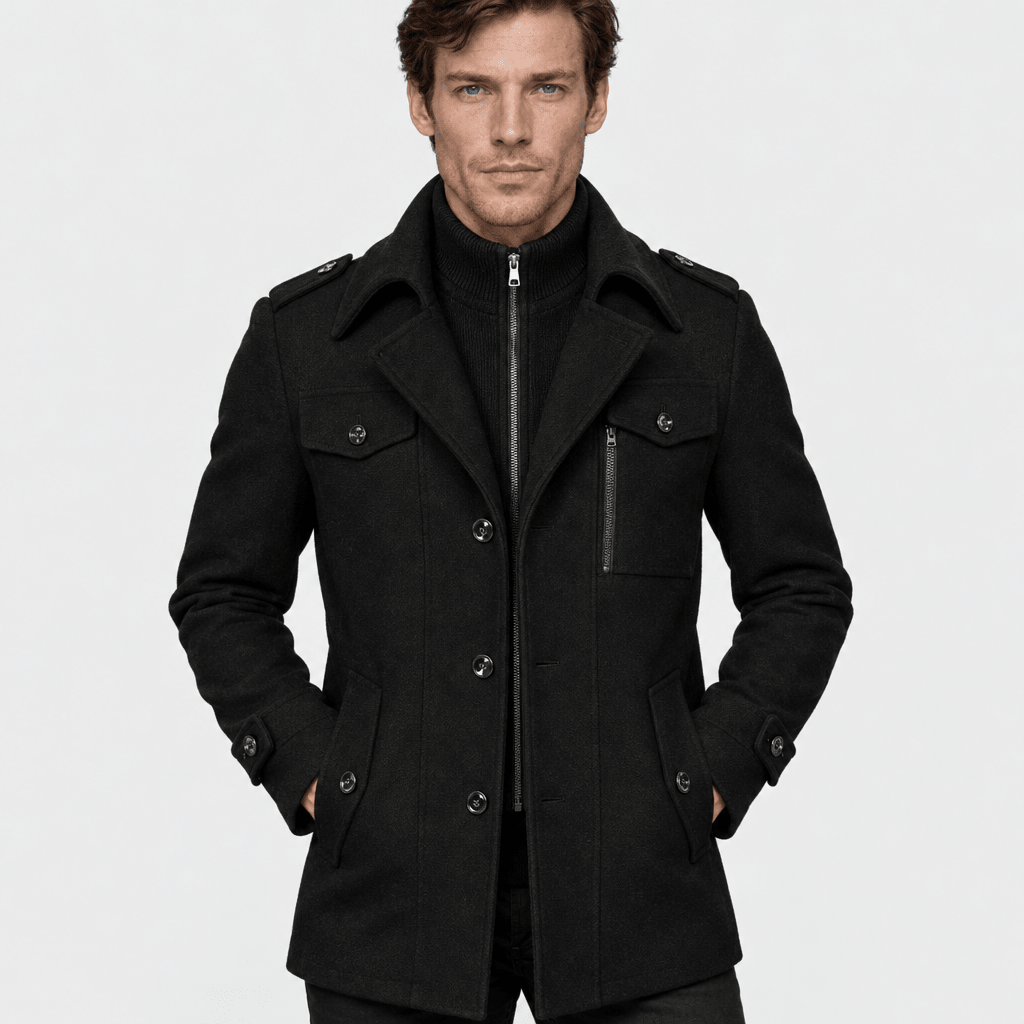 Vanguard – Tailored Dual-Collar Wool Overcoat (Black) - MattiaCremasco