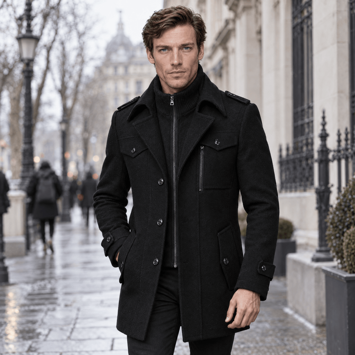 Vanguard – Tailored Dual-Collar Wool Overcoat (Black) - MattiaCremasco