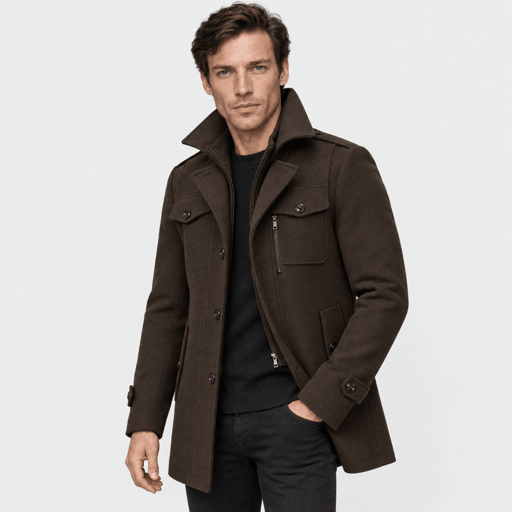 Vanguard – Tailored Dual-Collar Wool Overcoat (Dark Brown) - MattiaCremasco
