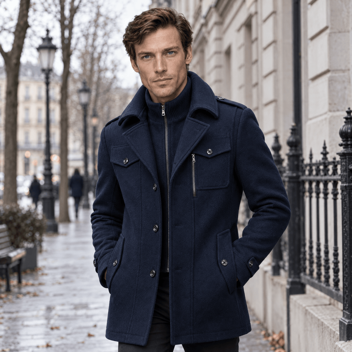 Vanguard – Tailored Dual-Collar Wool Overcoat (Navy Blue) - MattiaCremasco