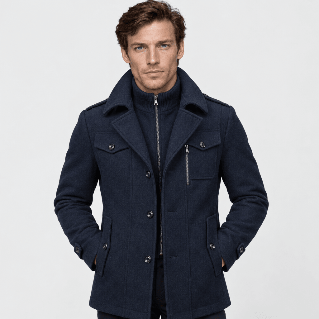 Vanguard – Tailored Dual-Collar Wool Overcoat (Navy Blue) - MattiaCremasco